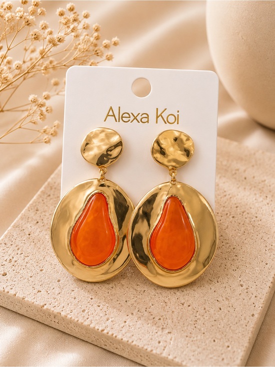 Jewelry - Gold Earrings with Orange Inlay